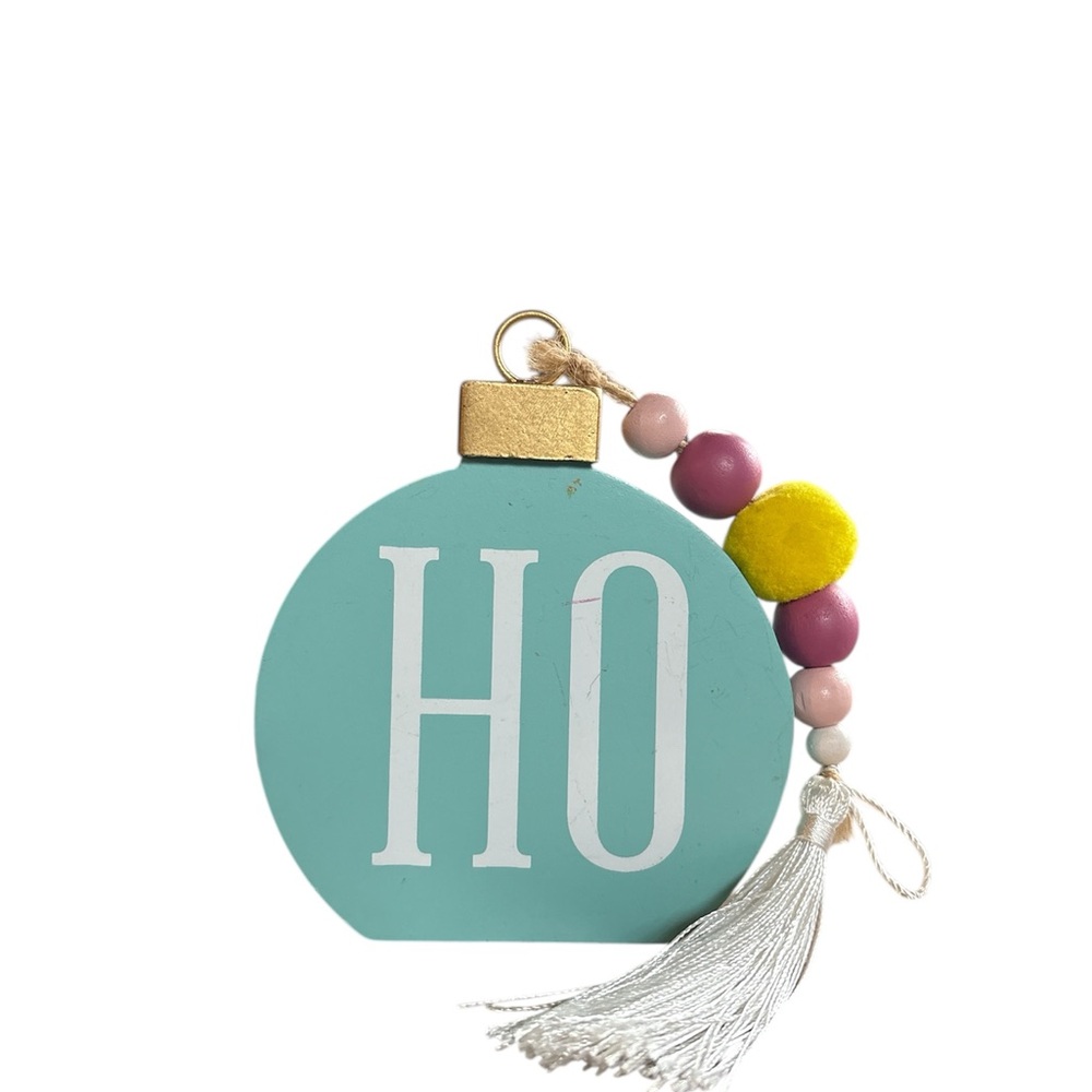 Festive Teal “HO” Ornament Shaped Decor with Beads and Tassel